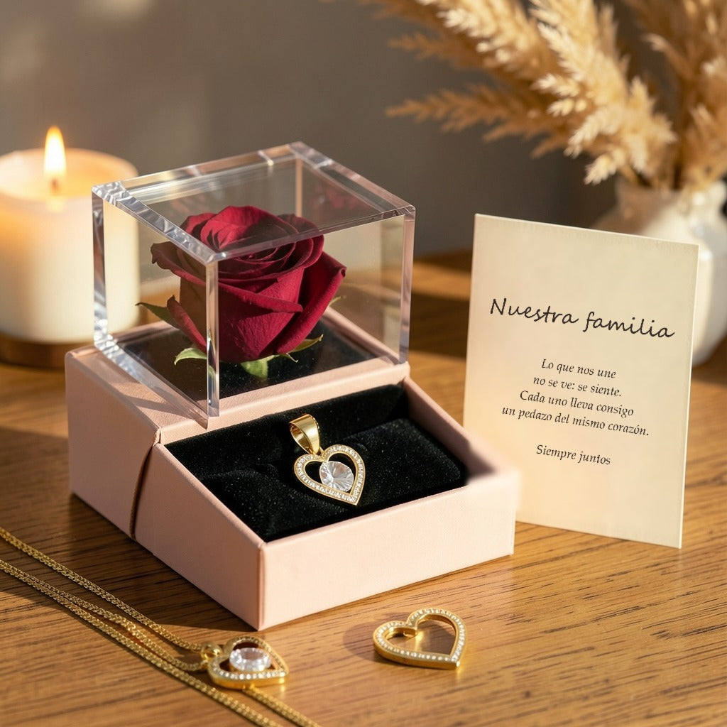 Set «El Corazón de la Familia»: caja de rosa eterna con un collar, dos collares iguales y tarjeta