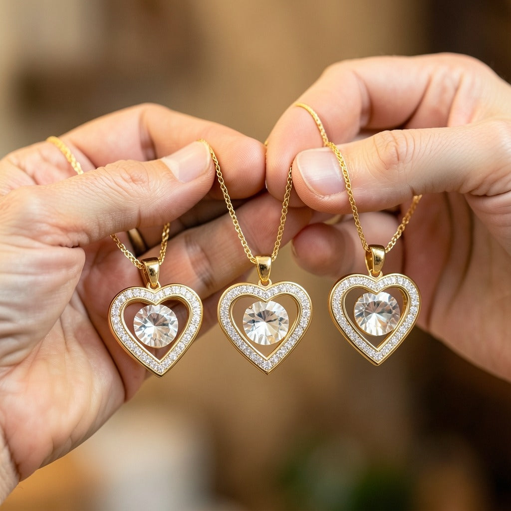 Manos sosteniendo los tres collares de doble corazón del set