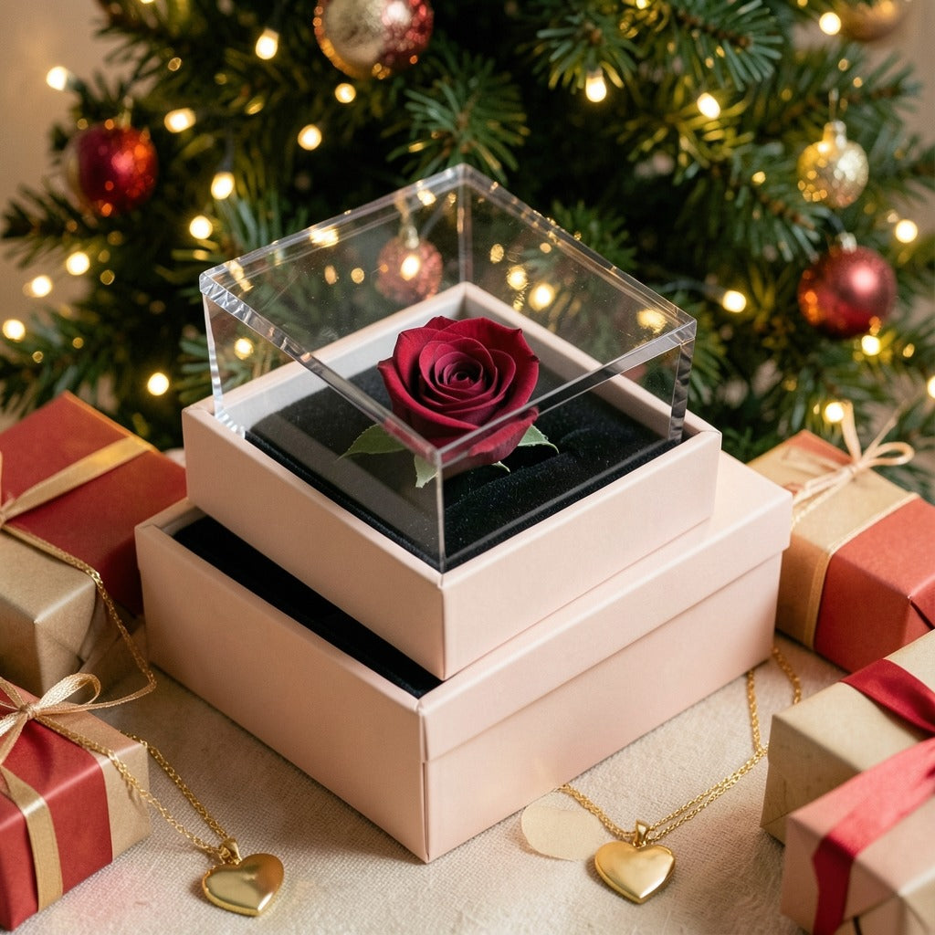 Caja de rosa eterna bajo el árbol de Navidad con dos collares de doble corazón