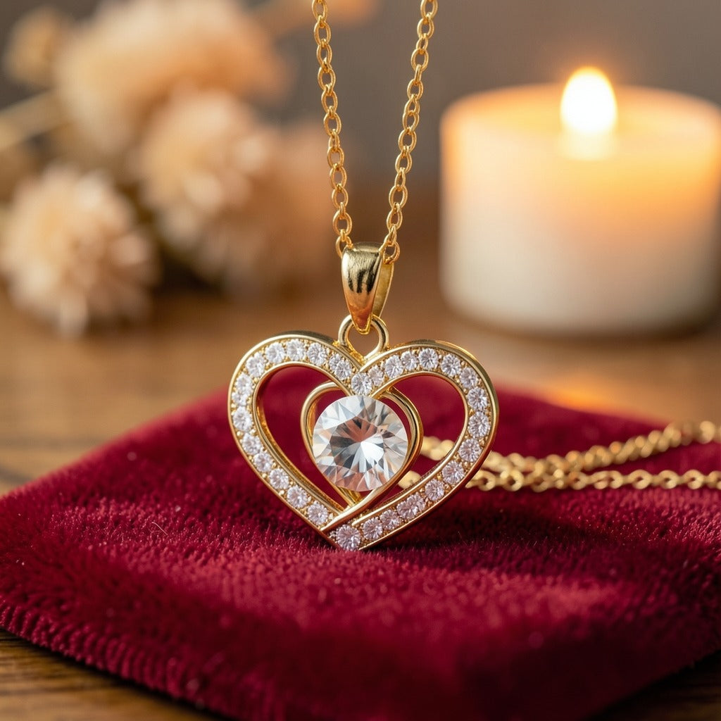 Detalle del colgante de doble corazón dorado con piedra blanca