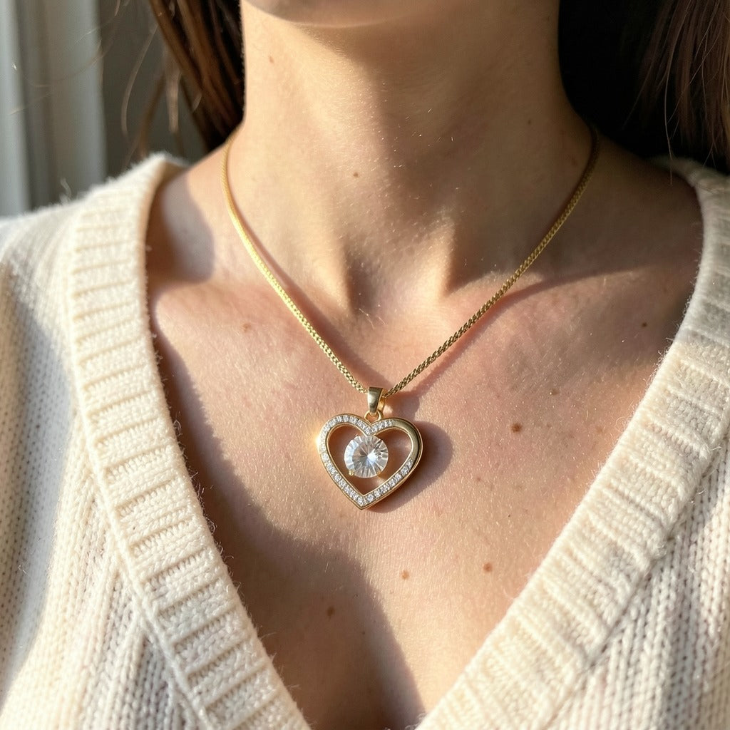 Collar de doble corazón dorado puesto, sobre jersey de punto