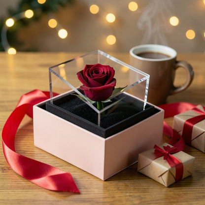 Caja de rosa eterna como regalo de Navidad junto a un lazo rojo y una taza