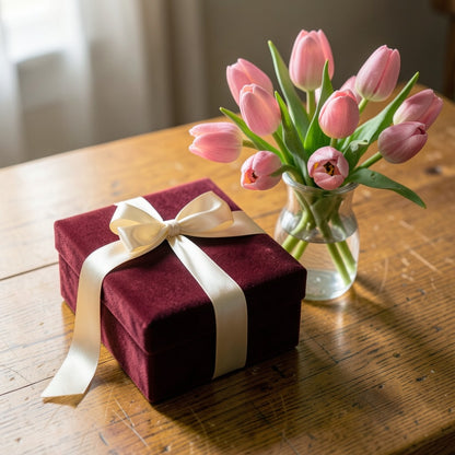 Caja de regalo del set «Mamá e Hija» con lazo junto a tulipanes