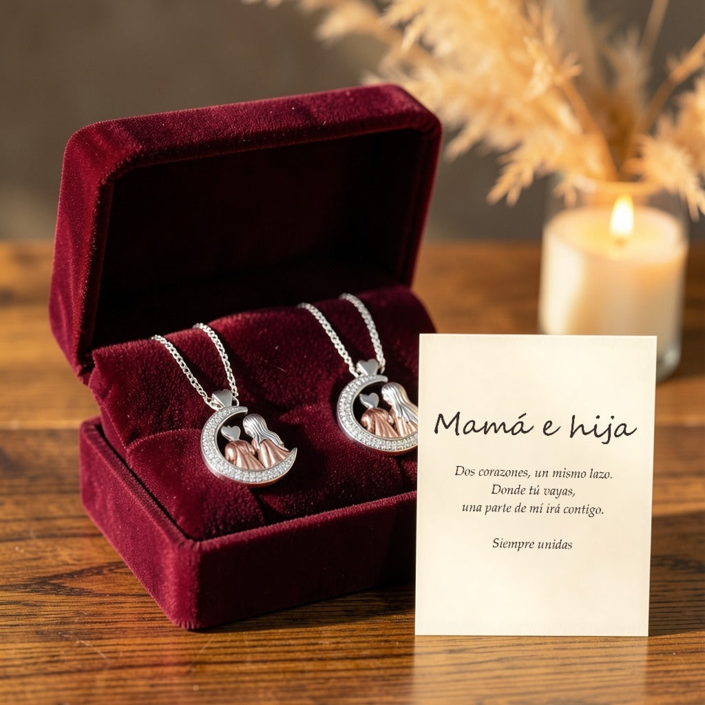 Set «Mamá e Hija»: dos collares de luna con mamá e hija en caja de regalo y tarjeta